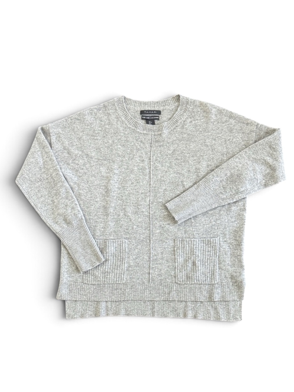TAHARI Pure Luxe Cashmere Sweater Heather Gray Crew Neck Old Money Sz Large